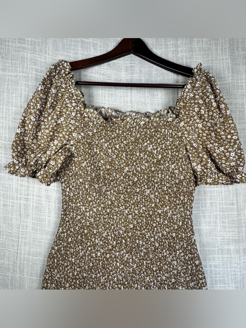 Prettygarden Smocked Floral Midi Dress XL Puff Sleeve Cottagecore Brown - Picture 4 of 12